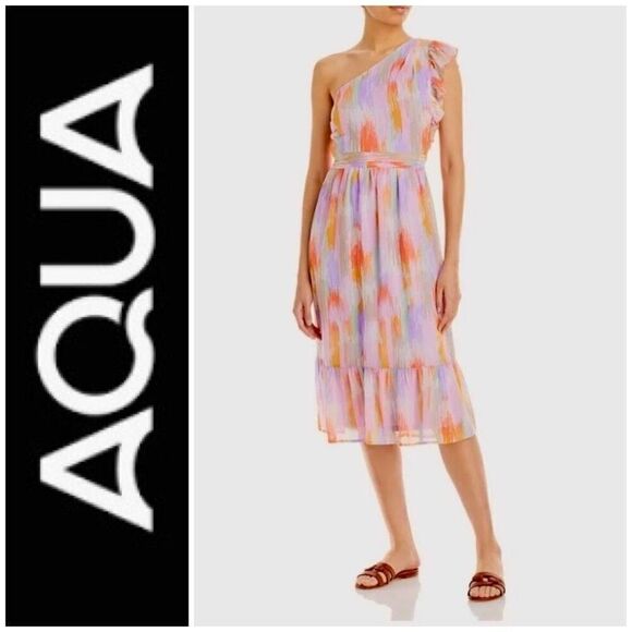 AQUA - NWT - 🎉3 X HP🎉 L Sz Small One-Shoulder Spring Print Midi Dress. ADORBS! - Picture 1 of 16